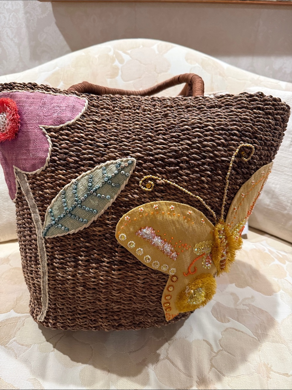Boho Woven straw beach Brown Tote with Embroidered Butterfly and Flower Detail